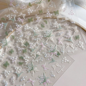3D embossed lily of the valley nail stickers with green butterflies and bows