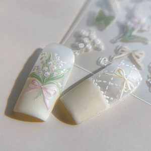 Relief floral nail art stickers with lily of the valley and bow designs for manicure
