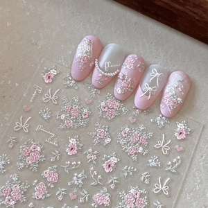 3D Embossed Nail Art Stickers French Pink Rose Flower White Bow Heart Design 5D Relief Self-Adhesive Nail Decals For Women