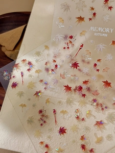 Detailed relief maple and ginkgo leaf nail stickers with laser rainbow effect on beige background