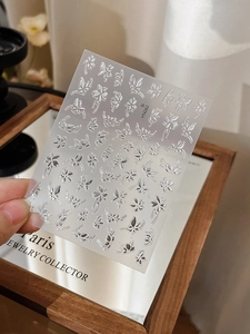 Détail de stickers nail art papillon 5D avec texture argentée sur support transparent