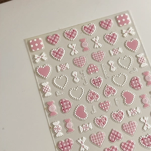 3D embossed heart and bow nail stickers with sweet candy designs in pink and white