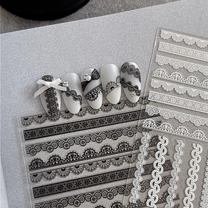 Relief Textured Lace Nail Art Stickers Black White Stripe Floral Adhesive Decals French Retro DIY Manicure Decor For Women