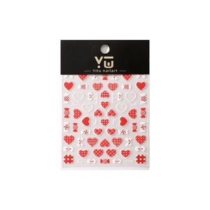 5D embossed heart and bow nail art stickers in red and white colors for manicure decoration