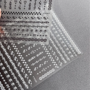 5D Embossed Nail Art Stickers White Black Lace Bow Floral French Style Self Adhesive Manicure Decoration DIY Nail Decals