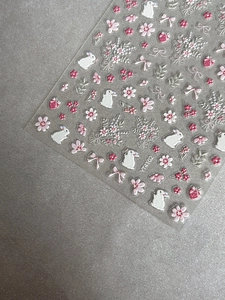 3D embossed nail stickers featuring white rabbits, cherry blossoms, and bows style YT4102