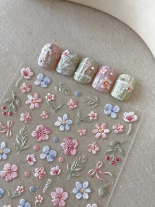 Detailed 3D floral nail stickers with Monet garden embossed flowers and butterflies
