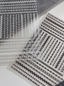 Macro detail of 5D embossed nail art stickers with lace and wave patterns in black and white
