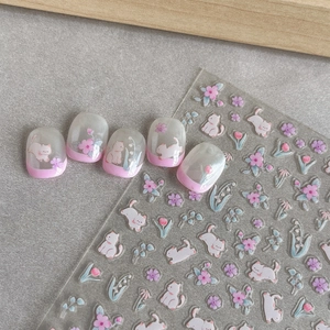 Cute Cartoon Cat Flower Nail Art Stickers Transparent Self-Adhesive Decals Floral Kitten Manicure Decoration For Women