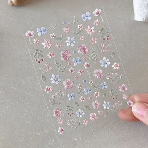 3D embossed floral nail art stickers with pink cherry blossoms and blue flowers YT4103