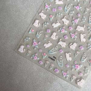 Cute cartoon cat and pink flower nail art stickers with thin self-adhesive backing