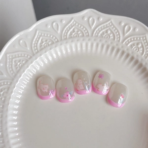 Five-piece set of cute cat and cherry blossom pink French style press-on nails