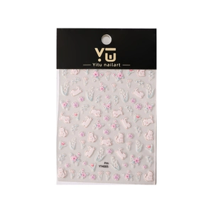 Cartoon cat and cherry blossom nail art stickers with self-adhesive backing in retail pack