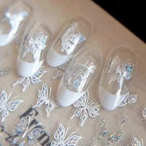 Self-adhesive silver holographic butterfly nail art stickers with 3D laser glitter designs