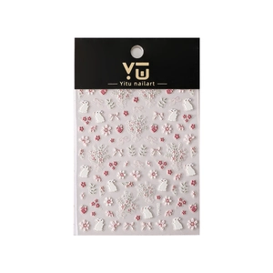 5D embossed nail art stickers featuring cute white rabbits and pink flower designs