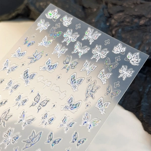 Holographic starlight butterfly nail art stickers with laser silver reflective effect
