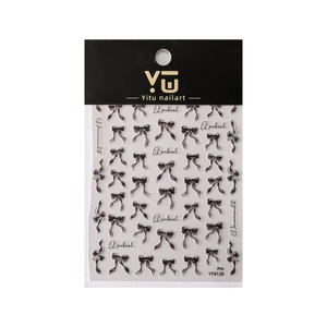 Adhesive black bowknot nail art stickers set with elegant cursive lettering on white background