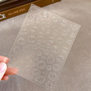 Exquisite white floral 3D embossed nail art stickers with elegant transparent film finish