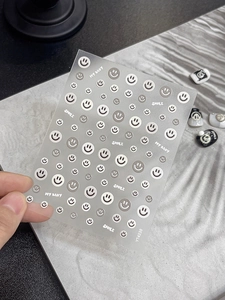 Detail of adhesive nail stickers featuring gray and white smiley faces and lettering