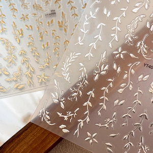 3D metallic gold and silver leaf nail art stickers with intricate vine patterns YT4098
