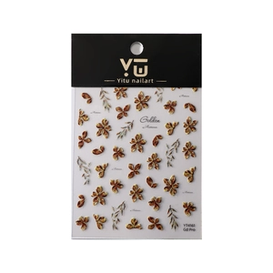 3D golden floral nail art stickers with autumn brown leaf patterns on black card