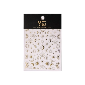 Gold star and moon nail art stickers with geometric celestial patterns on white background