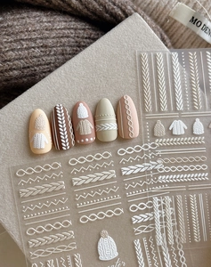 Vue détaillée des motifs de tricot en 3D et autocollants de manucure style pull d'hiver