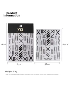 Lace cross ribbon nail stickers with black X-pattern decals and size measurements