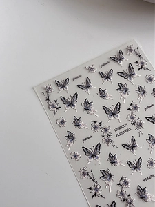 Detailed relief butterfly and hibiscus flower nail art sticker with 3D texture design