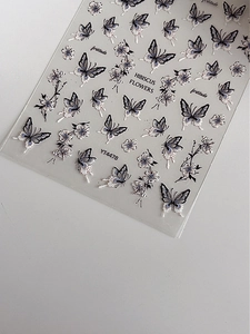 Detail of YT4478 nail stickers featuring embossed blue butterflies and hibiscus flowers