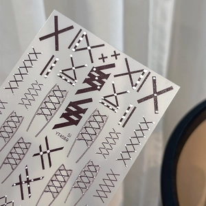 Lace and geometric rivet nail stickers with silver texture and punk plaid designs