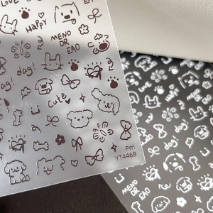3D embossed cartoon nail art stickers with cute dogs and rabbits in brown and white lines