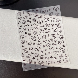 Cartoon dog and rabbit nail stickers with black and white minimalist line art design