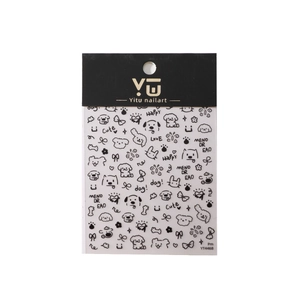 Black and white cartoon nail stickers featuring dogs, bows and floral designs for nail art