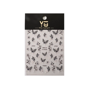3D embossed butterfly and hibiscus flower nail art stickers with white and blue embroidery effect