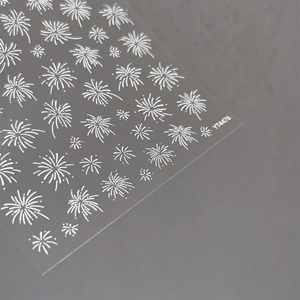 Embossed white firework nail art stickers with fine lines on a transparent background