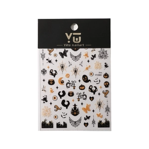 Halloween nail art stickers featuring ghost, pumpkin, and castle designs on white background