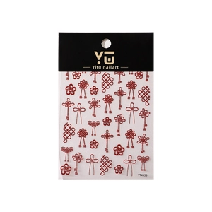 3D embossed red nail stickers with traditional Chinese knots and floral patterns