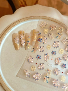 Macro shot of YT4526 gold embossed peony nail art stickers with traditional motifs