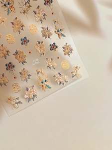 5D embossed peony nail stickers with gold accents and Chinese floral patterns