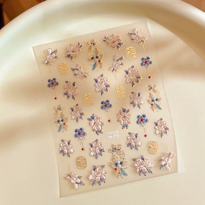 Gold embossed peony flower nail stickers with Chinese style patterns and luck symbols