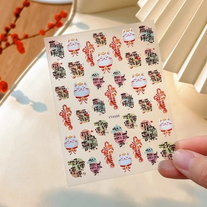 Lucky cat embossed nail art stickers with 3D texture and traditional Chinese motifs