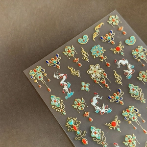 Golden lotus and crane nail art stickers with traditional Chinese relief pattern