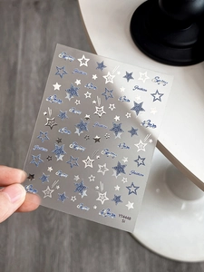Détail des autocollants à ongles étoiles argentées avec étoiles en denim bleu et motifs