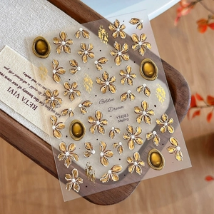Golden Dream 5D embossed floral nail art stickers with metallic texture and gems YT4583