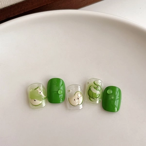 Stickers nail art pomme en relief 3D avec motifs verts et gouttes d'eau décoratives