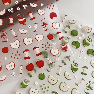 Autocollants ongles 3D relief avec motifs de pommes rouges et vertes et petites fleurs