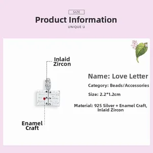 Detailed view of S925 silver love letter charm with zircon and size 2.2x1.2cm