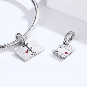 S925 sterling silver book charm with red heart and pave stones on snake chain