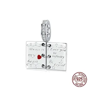 S925 sterling silver book charm with red heart and 'Always in my heart' engraving